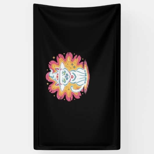 フラワーサイケデリックオーバーサイズTシャツ付き黒猫 横断幕 (縦)