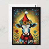 フラワーサンタカワイイベビー牛カラフルクリスマス ポストカード (正面/裏面)