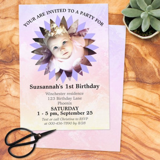 フラワーシェイプフォトパステルウォーターカラーテンプレート 招待状