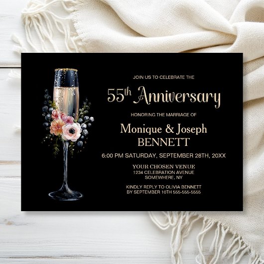 フラワーシャンパングラス 55周年結婚記念日 招待状