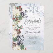 フラワーシルバー冬の雪片ベビーシャワー 招待状 (正面/裏面)