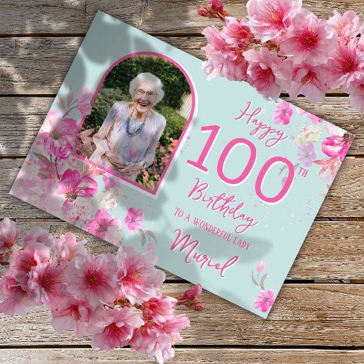 フラワーシングルフォト100歳の誕生日カード カード