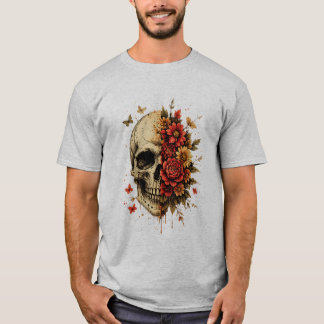 フラワースカル ゴシックアート | 赤い花のビンテージスカル Tシャツ
