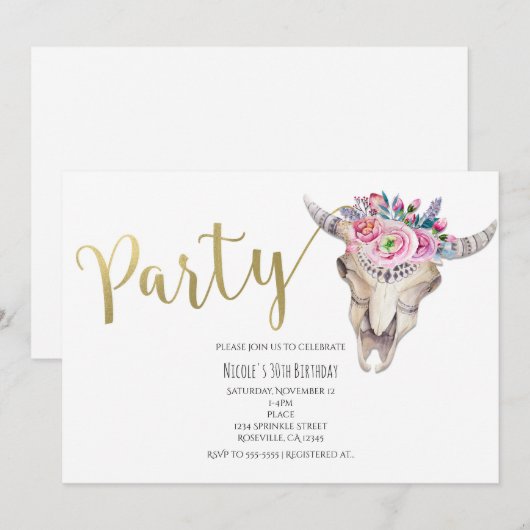 フラワースカル ゴールドボヘミアンパーティー招待状 招待状 (正面/裏面)