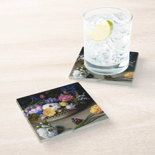 フラワースチルライフボスシェオランダ絵画ズアート ガラスコースター (アングル)