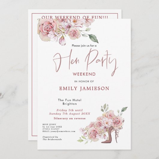 フラワースティレット週末の旅程Henパーティー 招待状 (正面/裏面)