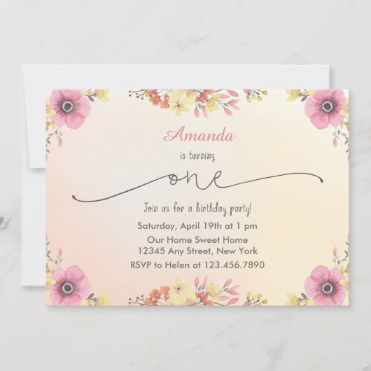 フラワーズウォーターカラー誕生日招待状 招待状 (正面)