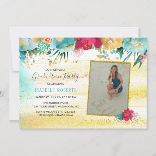 フラワーズカラフル金ゴールドスパークルグリッター卒業 招待状 (正面)