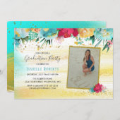 フラワーズカラフル金ゴールドスパークルグリッター卒業 招待状 (正面/裏面)