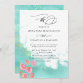 *~*フラワーズグリッターモダン抽象芸術ミント 招待状 (正面/裏面)