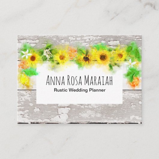 フラワーズサンフラワーズレモンオールド素朴ヴィンテージウッド 名刺 (正面)
