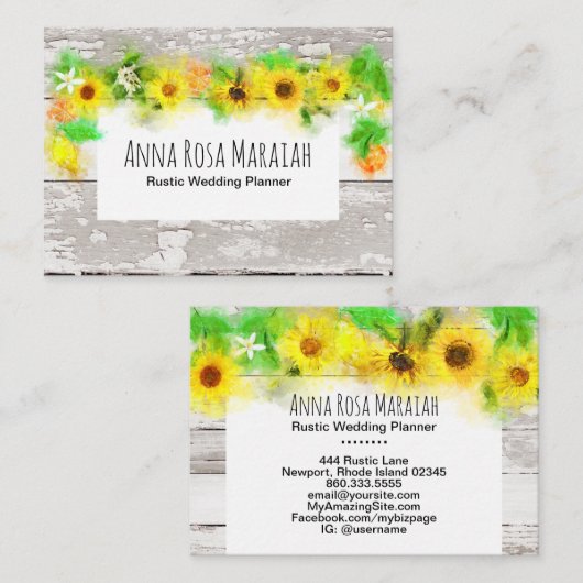 フラワーズサンフラワーズレモンオールド素朴ヴィンテージウッド 名刺 (正面/裏面)