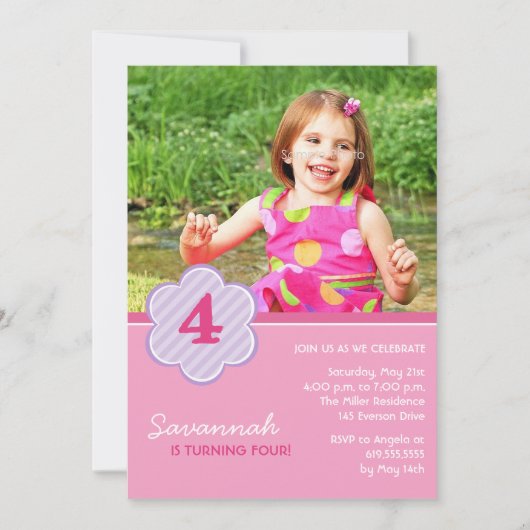 フラワーズストライプガールズフォト誕生日招待状 招待状 (正面)