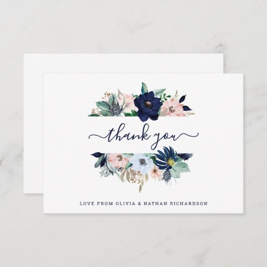 フラワーズネー航海のビーブルー&赤面ピン結婚クズ サンキューカード (正面/裏面)