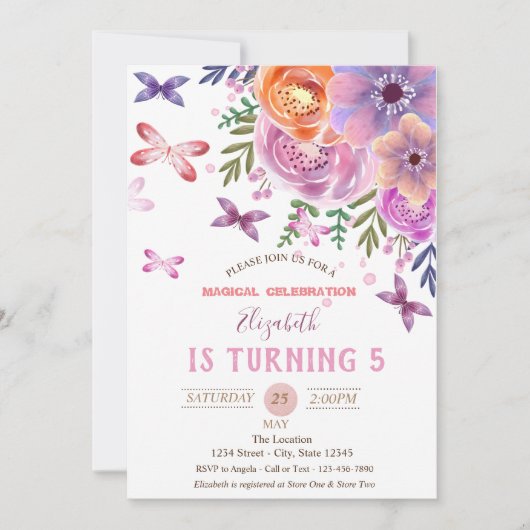 フラワーズバタフライ水玉模様誕生日 招待状 (正面)