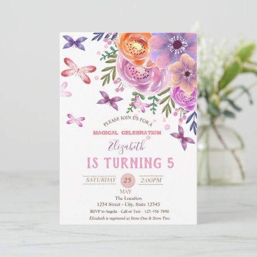 フラワーズバタフライ水玉模様誕生日 招待状 (スタンド正面)