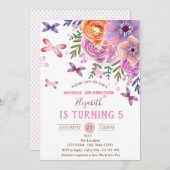 フラワーズバタフライ水玉模様誕生日 招待状 (正面/裏面)
