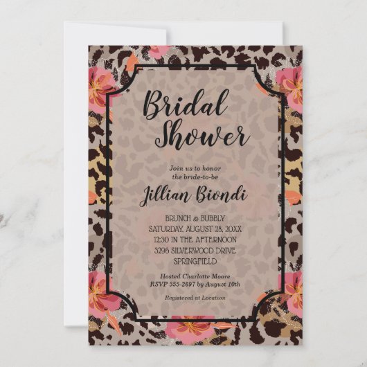 フラワーズヒョウアニマルプリントブライダルシャワー招待状 (正面)