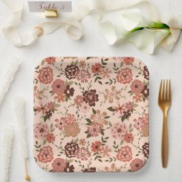 フラワーズピーチブラウンボタニカルイベント ペーパープレート