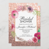 フラワーズブライダルシャワー招待状ピンクローズゴールドグリッター 招待状 (正面/裏面)