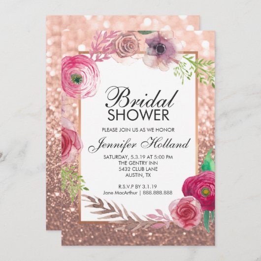 フラワーズブライダルシャワー招待状ピンクローズゴールドグリッター 招待状 (正面/裏面)