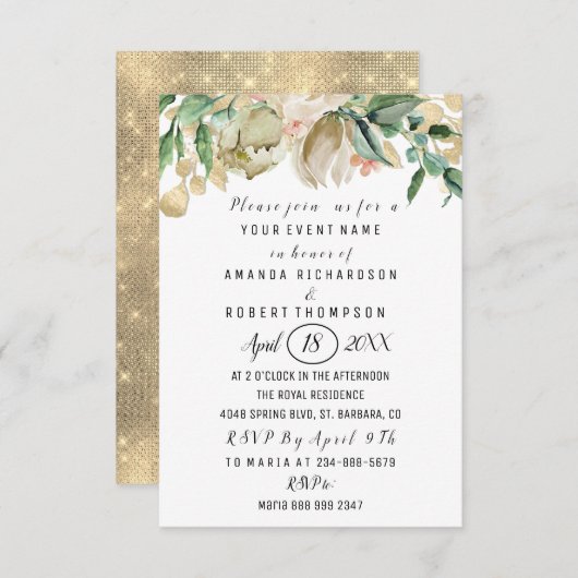 フラワーズブランチミントグリーン金ゴールド水彩白 招待状 (正面/裏面)