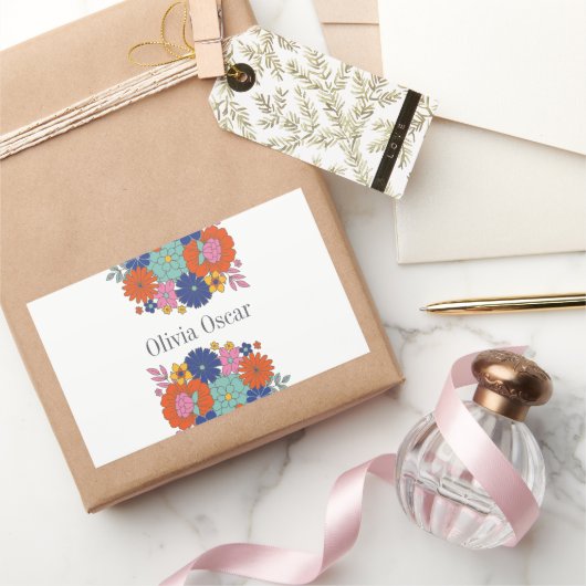 フラワーズボホカラフルブライトフローライラストレーション 長方形シール (ギフト)