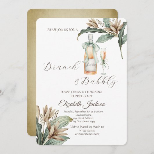 フラワーズリーフシャンパンガラスボトルブライダルシャワー 招待状 (正面/裏面)