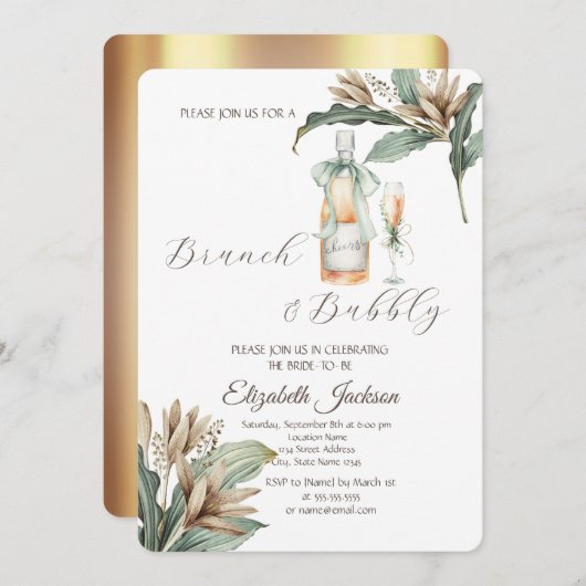 フラワーズリーフシャンパンガラス金ゴールドブライダルシャワー 招待状 (正面/裏面)