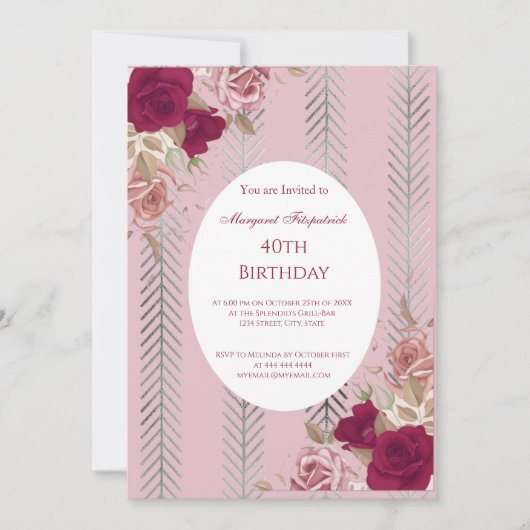 フラワーズレッドピンクローゼバースデーパーティーの招待 招待状 (正面)