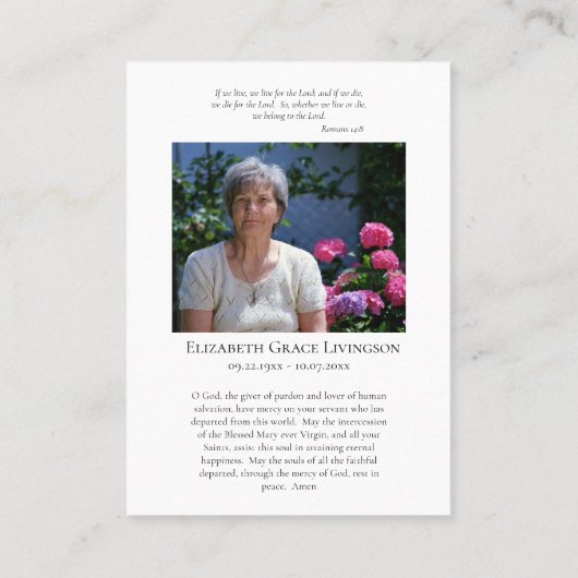 フラワーズヴァージンアンニシャン葬儀祈りの言葉カード プレイスカード (裏面)