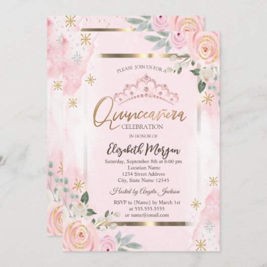 フラワーズ金ゴールドフレームピンクローズキンセアニラ 招待状 (正面/裏面)