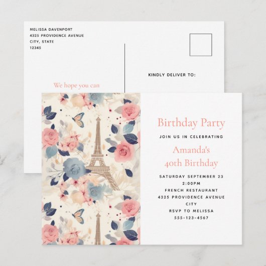 フラワーズ&エッフェルタワーパリパターン誕生日 インビテーションポストカード (正面/裏面)