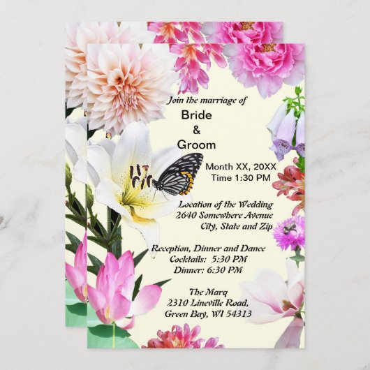フラワーズ&バタフライ結婚式招待状 招待状 (正面/裏面)