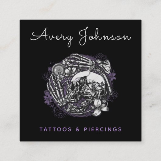 フラワータトゥー ゴシック スカル タトゥーアーティスト ソーシャルメディア スクエア名刺 (正面)