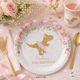 フラワーダイナソーの誕生日パーティー ピンクのチュチュティラノサウルス ペーパープレート
