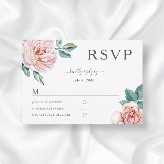フラワーダスティーローズブロッサムピンクの芍薬の結婚式RSVP  出欠カード
