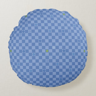 フラワーチェッカーパターン No. 01 - ライトブルー ラウンドクッション