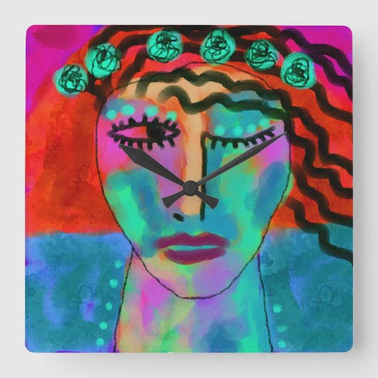 フラワーチャイルドオリジナル抽象芸術アート スクエア壁時計 (正面)