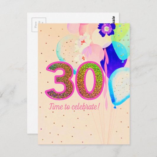 フラワーチーズ 30歳の誕生日風船 パーティー ピンク ポストカード (正面/裏面)