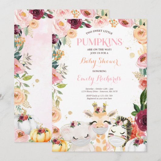 フラワーツインサファリ動物パンプキンベイビーシャワー 招待状 (正面/裏面)