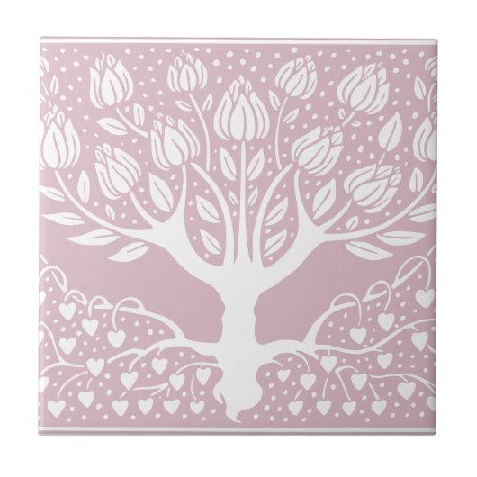 フラワーツリーピンク&ホワイトベアズリーハート タイル (正面)