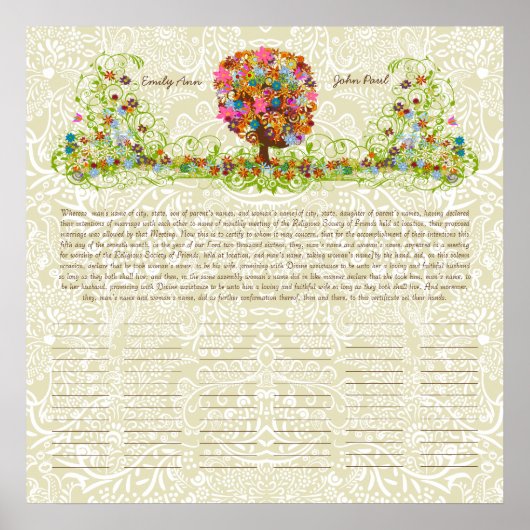 フラワーツリープリントクエーカー結婚式証明書 ポスター (正面)