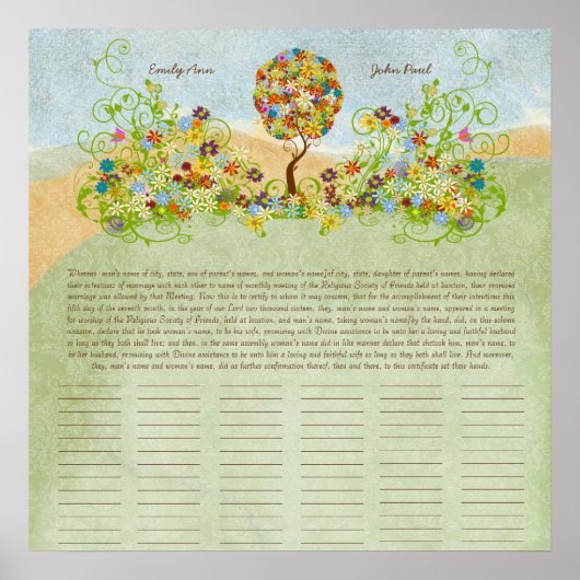 フラワーツリープリント結婚クエーカー証明書 ポスター (正面)