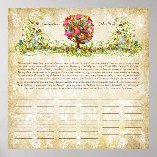 フラワーツリー プリント クエーカー 結婚証明書 (正面)