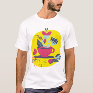 フラワーティーカップイラストTシャツ - モダンボホー Tシャツ