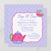 フラワーティーカップパープル水玉模様すすりとご覧 招待状 (正面/裏面)