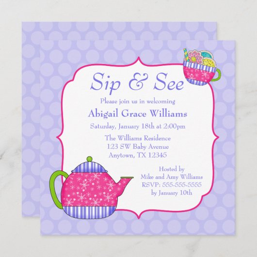 フラワーティーカップパープル水玉模様すすりとご覧 招待状 (正面/裏面)