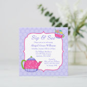 フラワーティーカップパープル水玉模様すすりとご覧 招待状 (スタンド正面)