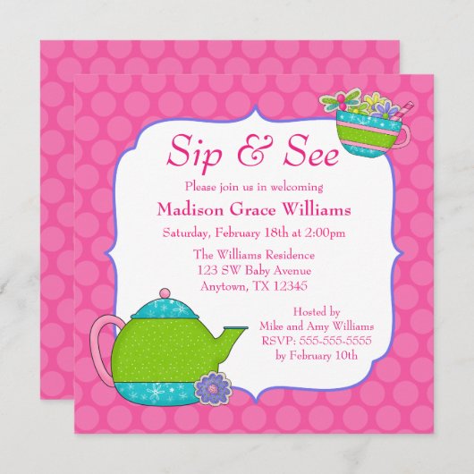 フラワーティーカップピンク水玉模様すすり見る 招待状 (正面/裏面)
